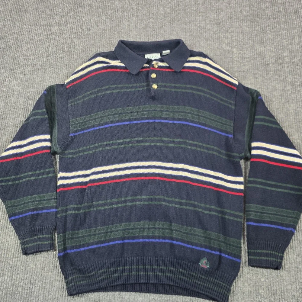 IZOD Sweater Mens Large Blue Multi Stripe Knit Polo Rugby Collar‎ Cotton Preppy